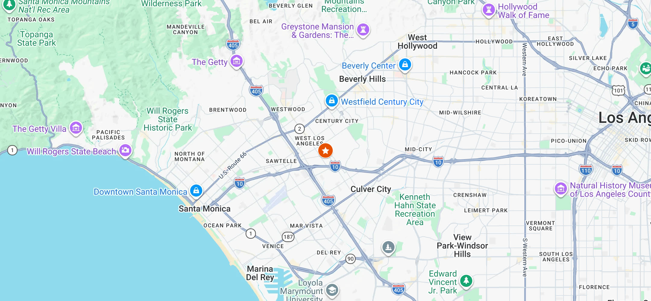 Map of West Los Angeles showing the Wai, Connor & Hamidzadeh headquarters at 2566 Overland Avenue, between Century City and Culver City.