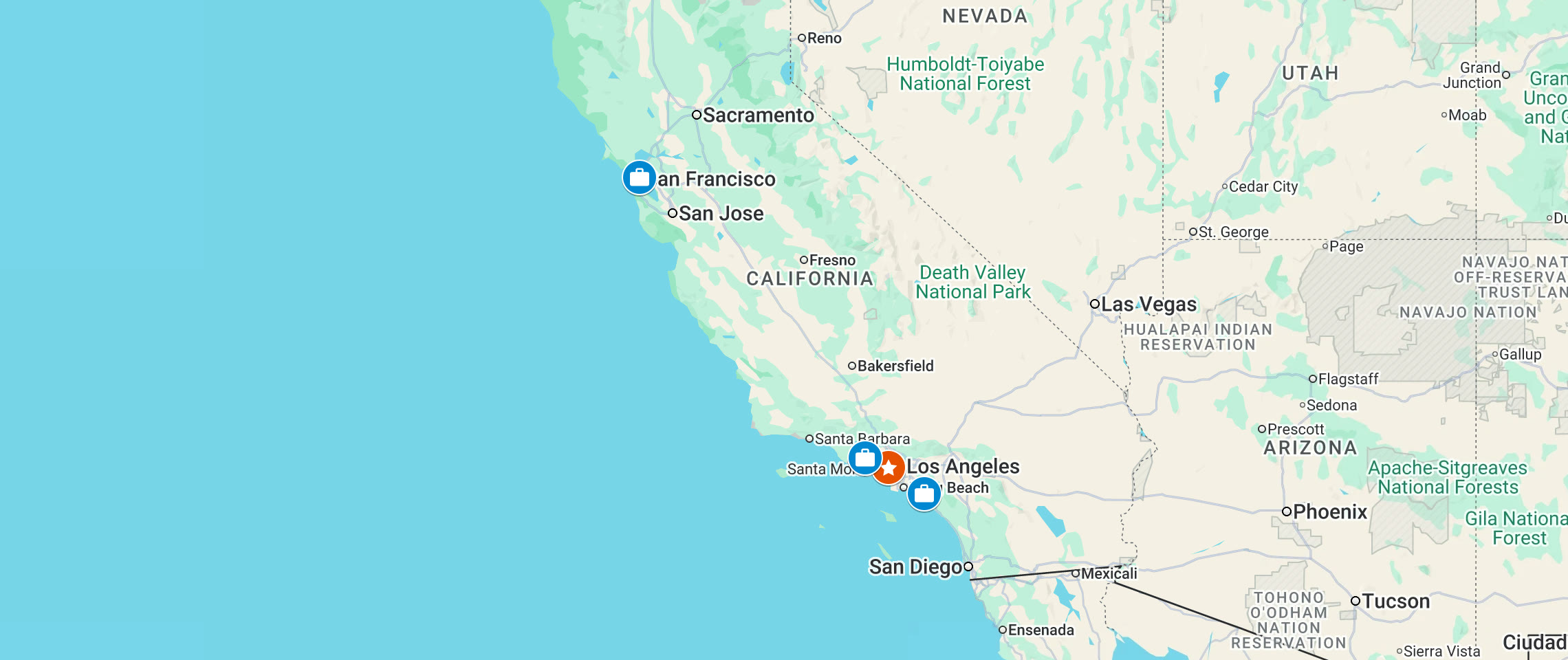 Map of California with four office locations marked: San Francisco in the north, and Westlake Village, Los Angeles (headquarters) and Irvine in the south.